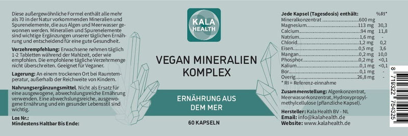 Kala Health Vegan Mineral Complex Capsules From Seaweed And Seawater With All 75 Naturally Occurring Minerals And Trace Elements In Ion Form Easily Absorbable (60) - NewNest Australia