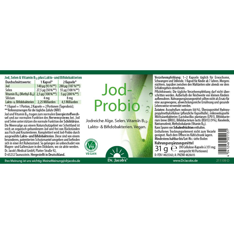 Dr. Jacob's Iodine Probio 31.6 g can I natural iodine from sea algae I with selenium, vitamin B12 and lactobacilli and bifidobacteria I for the immune system¹ and thyroid² I 90 portions, vegan - NewNest Australia