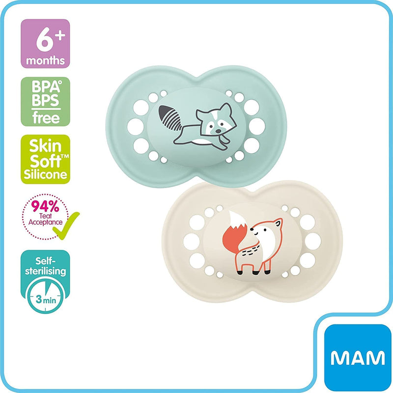 MAM Original Colours of Nature Soother 6+ (Fox and Racoon), Matt Baby Soother Set for Six Months+, MAM Soother Pack with Woodland Designs, Soother Pack with MAM Teats (Fox and Racoon) - NewNest Australia