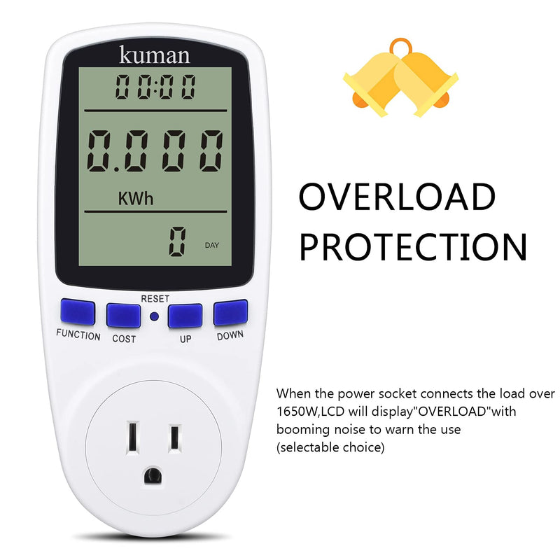 kuman KW47-US Electricity Usage Monitor Plug Power Watt Voltage Amps Meter with Digital LCD, Overload Protection and 7 Display Modes for Energy Saving (NO-Backlight), white - NewNest Australia