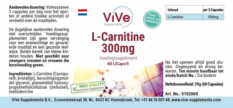 L-Carnitine 300 mg - 60 capsules - crystalline Carnipure carnitine in airtight LiCaps - high dosage and vegan | Quality from Germany from ViVe Supplements - NewNest Australia