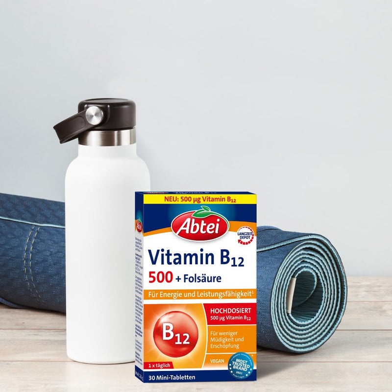 Abbey Vitamin B12 plus folic acid - for energy and performance - high dose with 500µg vitamin B12 and 200µg folic acid, 1 x 30 tablets - NewNest Australia