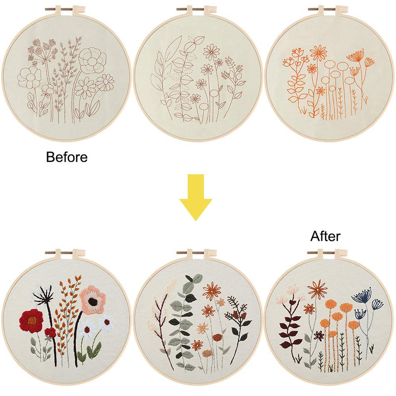 Uphome 3 Pack Embroidery Starter Kit for Beginners Stamped Cross Stitch Kits with Cute Flowers and Plants Patterns with Embroidery Hoops and Color Threads for Adults Kids - NewNest Australia