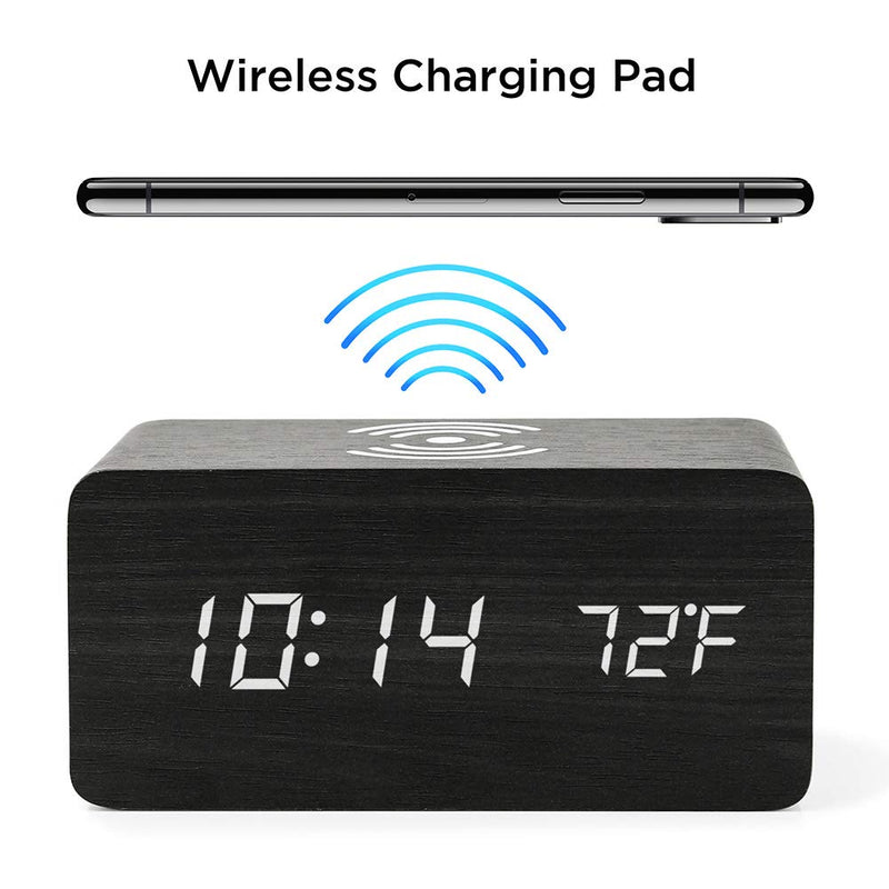 NewNest Australia - Oct17 Wooden Alarm Clock with Qi Wireless Charging Pad Compatible with iPhone Samsung Wood LED Digital Clock Sound Control Function, Time Date, Temperature Display for Bedroom Office Home - Black 