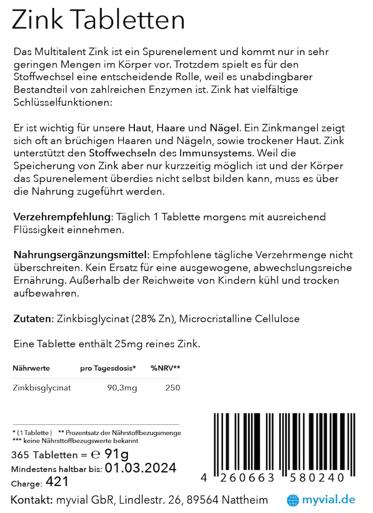 myvial® zinc tablets 25 mg high dosage 365 pieces vegan without additives plastic-free packaged - dietary supplement with zinc bisglycinate - NewNest Australia