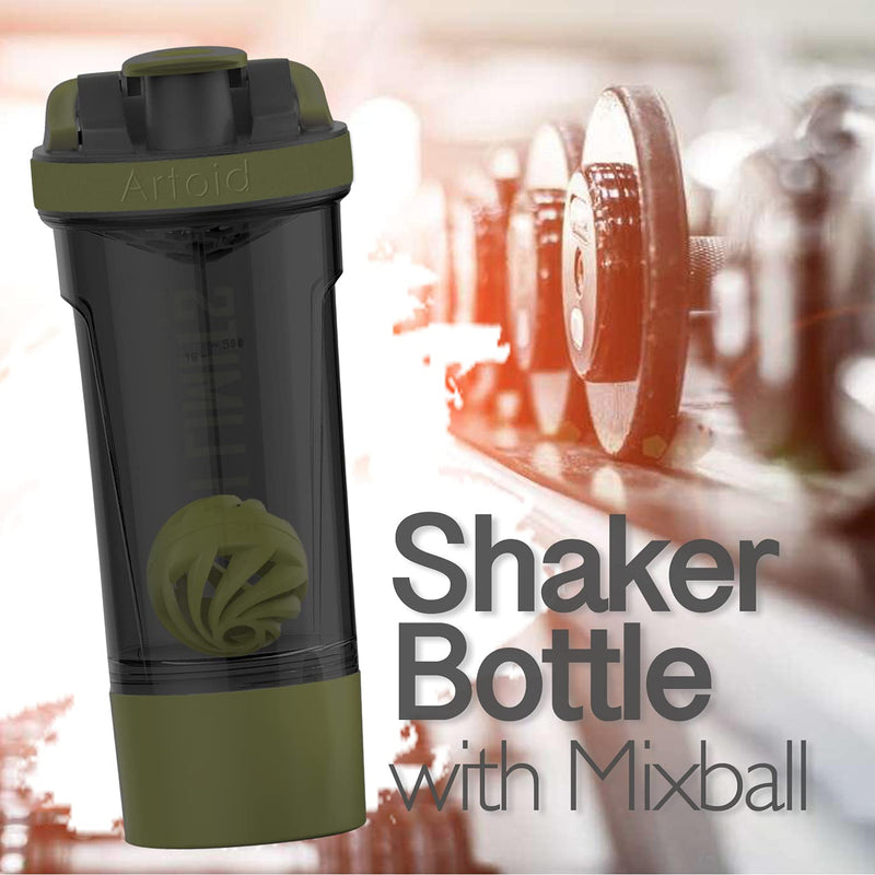 Artoid Inspirational Fitness Workout Sport Protein Shaker Bottle 680 ml, Dual Mixing Technology with Shaker Balls & Mixing Grids Included, Twist and Lock Protein Box Storage Included, Plastic Black/Green - NewNest Australia