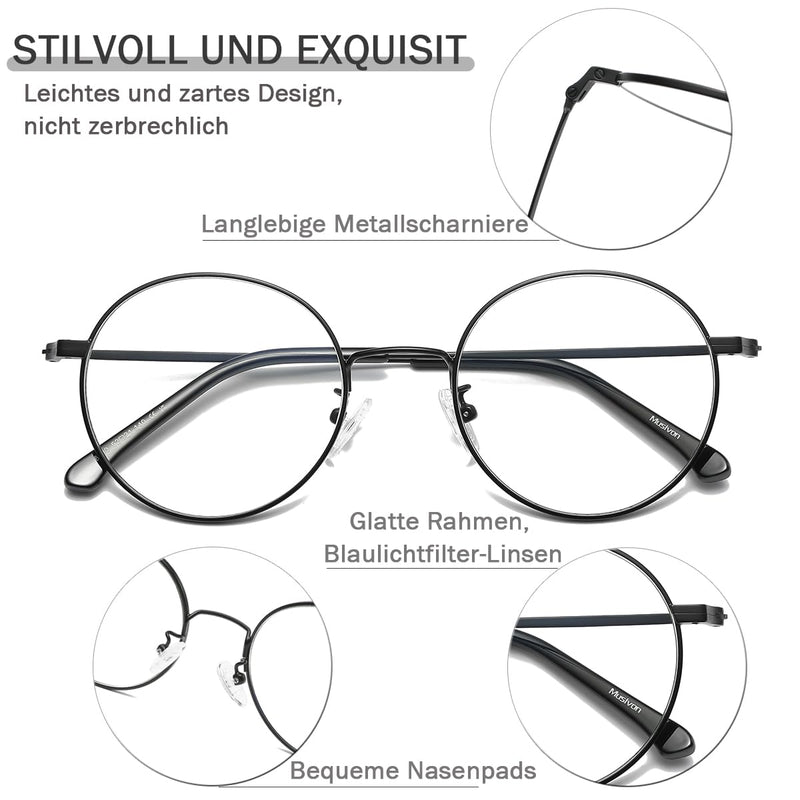 Musivon blue light filter glasses for women and men - blue filter computer glasses without strength, metal frame, round black - NewNest Australia