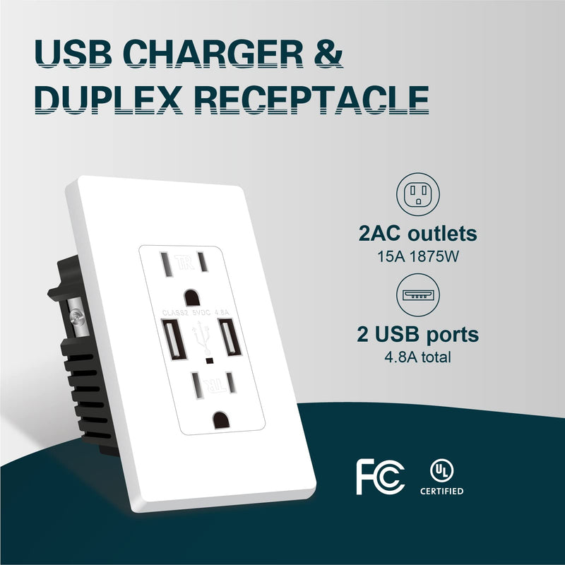 TOPELER 2Pack USB Wall Outlet, 4.8A High Speed USB Ports with Smart Chip, 15A Tamper Resistant Electrical Receptacle Socket, Screwless Wall Plate Included, UL & FCC Approved White - NewNest Australia