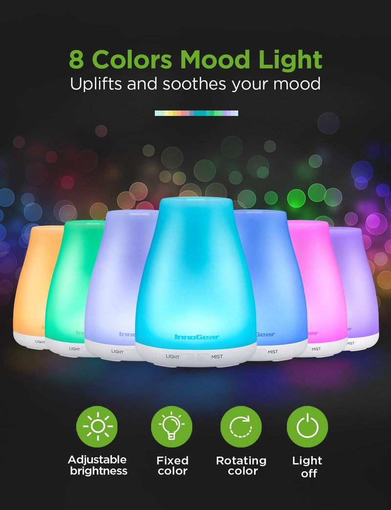 InnoGear Essential Oil Diffuser, Upgraded Diffusers for Essential Oils Aromatherapy Diffuser Cool Mist Humidifier with 7 Colors Lights 2 Mist Mode Waterless Auto Off for Home Office Room, Basic White - NewNest Australia