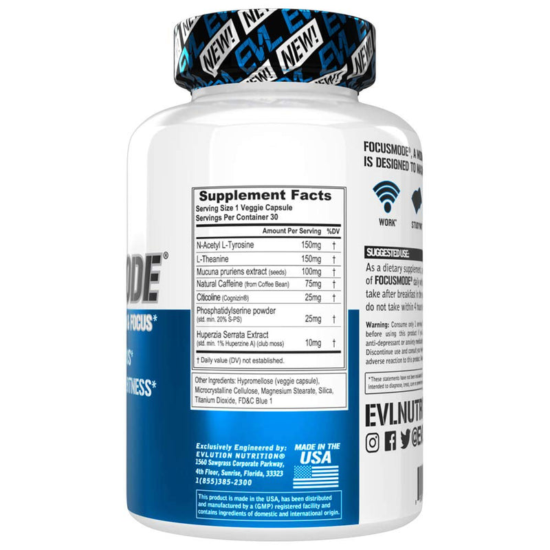 Evlution Nutrition Focus Mode, Herbal Brain Function and Cognitive Support Supplement, Focus, Energy, Clarity, Memory, Mind Enhancer and Mood Booster Nootropic (30 Servings) 30 Count (Pack of 1) - NewNest Australia