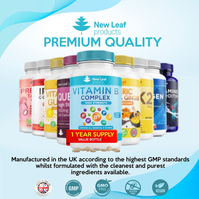 Vitamin B Complex 365 High Strength Small Tablets (One Year Supply) All 8 B Vitamins B1-B2-B3-B5-B6-B12, Biotin, Folic Acid and Vitamin C - Reduction of Tiredness - Made in The UK by New Leaf - NewNest Australia
