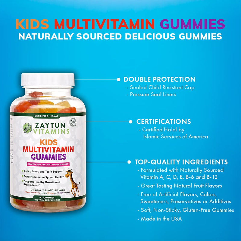 Zaytun Vitamins Halal Kids Multivitamin Gummies, Naturally Sourced Vitamin A, C, D, E, B6, B12, Supports Healthy Growth, Non-GMO, 90 Gummies, Made in USA - Halal Vitamins 1 - NewNest Australia
