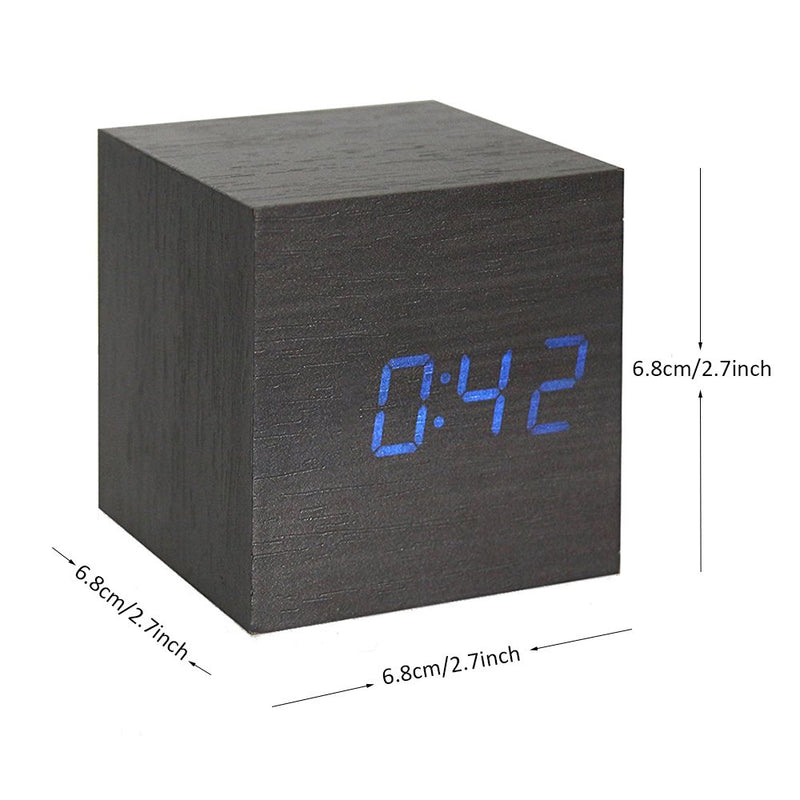 NewNest Australia - Onerbuy Wooden Digital Cube Alarm Clock Touch Sound Activated Desk Clock Portable Travel Clock with LCD Display for Time, Temperature, Calendar, 3 Alarm Settings (Black) Black 