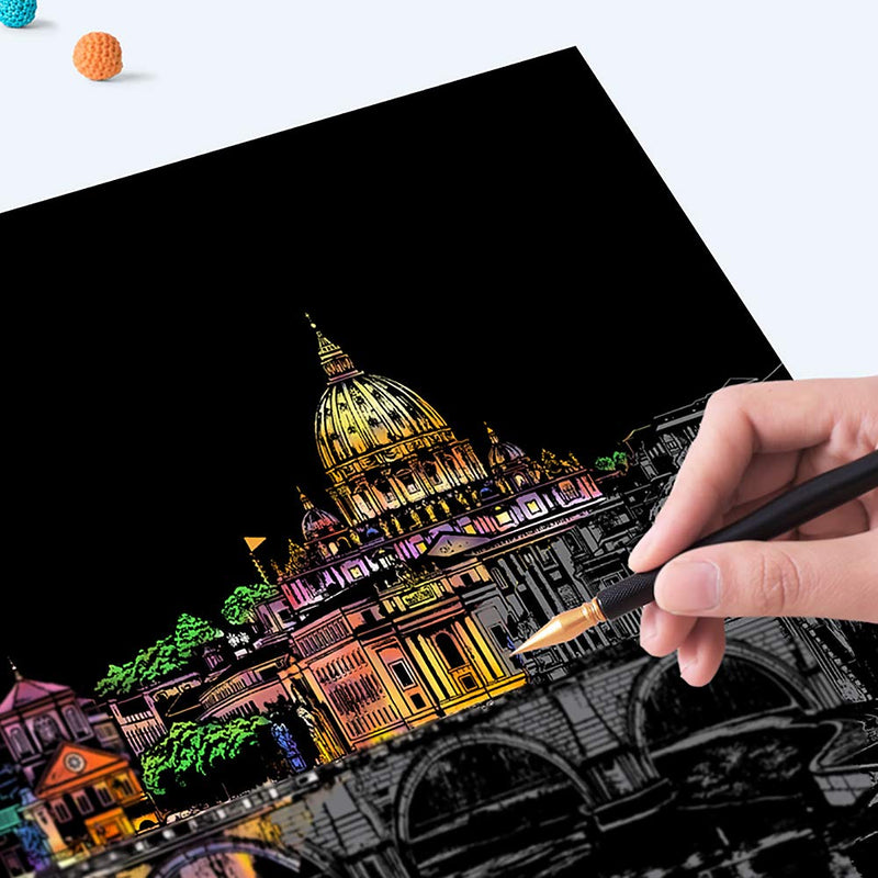 MIASTAR Scratch & Sketch Art for Kids & Adults, Rainbow Painting Night View Scratchboard(A4), Art & Craft, 4 Sheets Scratch Cards & Drawing Pen, Clean Brush (Beautiful City) Beautiful City - NewNest Australia