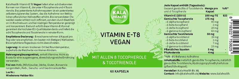 Kala Health Vitamin E-8 60 Vegan Capsules - Contains all 8 known forms of vitamin E, including 4 tocotrienols (40mg) and 4 tocopherols of excellent quality, and from natural sources - NewNest Australia