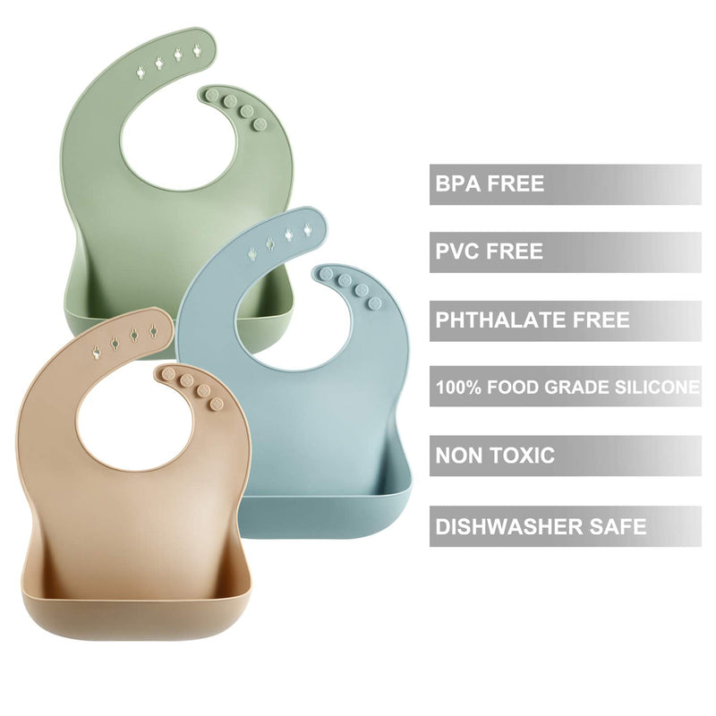 PandaEar Set of 3 Cute Silicone Baby Bibs for Babies & Toddlers (10-72 Months) Waterproof, Soft, Unisex, Non Messy Brown/Blue/Green - NewNest Australia