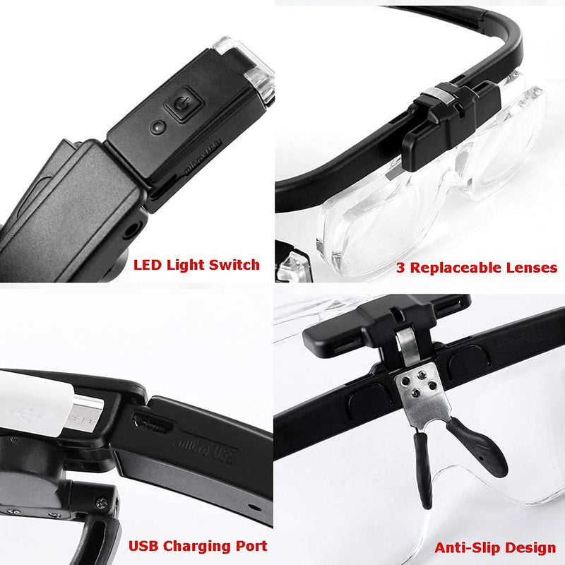 LTDOOIT Head Magnifier with Led Light Hands Free, Magnifying Glasses for Hobbies Reading Craft Close Work Usb Rechargeable, Headband Magnifier Glass with 3 Detachable Lenses 1.5X, 2X, 2.5X, Black - NewNest Australia