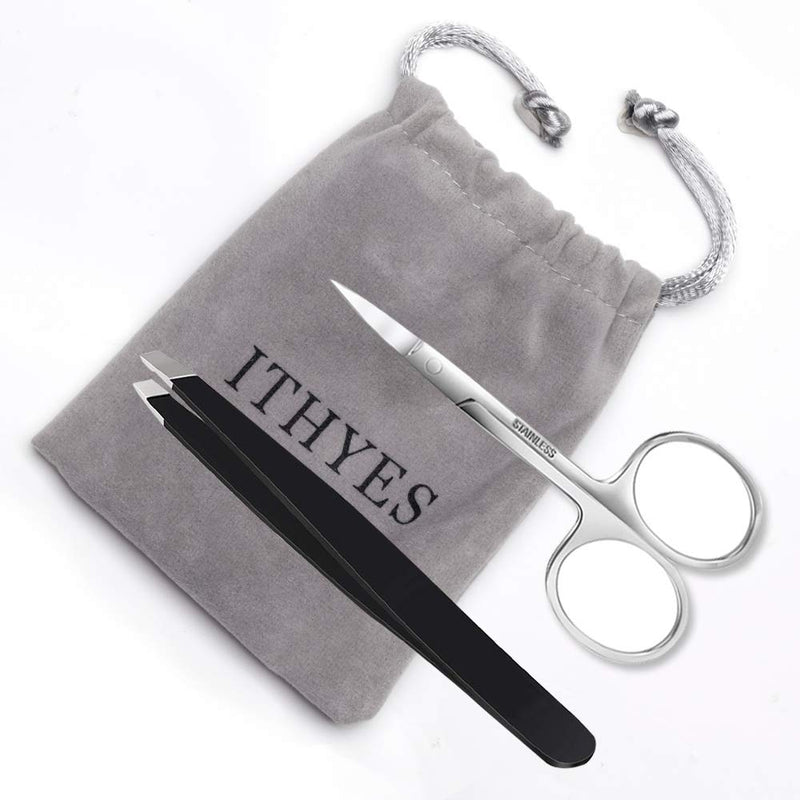 Ithyes Complete Tweezer Set 2 PCS Slant Tip Tweezer Stainless Steel Tweezers Eyebrow Trimmer Scissor for Shape Precision Ingrown Hair Nose Hair Blackhead Tick Remover,Black - NewNest Australia