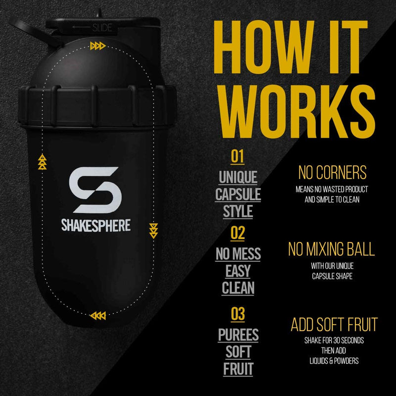 ShakeSphere Tumbler: Protein Shaker Bottle, 700ml - Capsule Shape Mixing - Easy Clean Up - No Blending Ball or Whisk Needed - BPA Free - Mix & Drink Shakes, Smoothies, More - Matte Black/Black Logo Matte Black With Black Logo - NewNest Australia