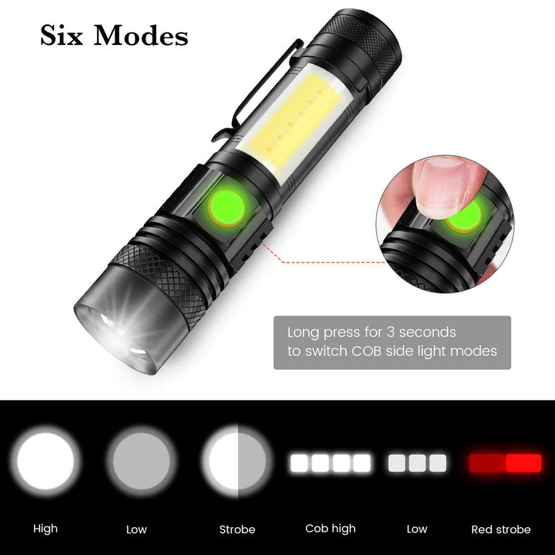 Rechargeable Flashlight,[New Edition LED Flashlight with Red Cob Strobe Light] Mini Small Maglite Flashlights with High Lumens,Waterproof,Zoomable,6 Modes for Hiking,Camping,Emergency(2 Pack） - NewNest Australia