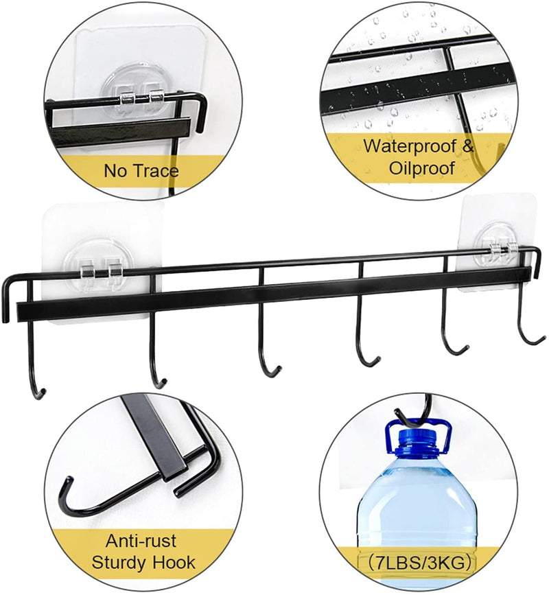Jeowoqao Utensil Hangers with 6 Hooks Space Saving Wall Utensil Holder Kitchen Utensil Hooks No Drilling Wall Mounted Adhesive Wall Hooks Rack for Kitchen Bathroom Bedroom 2 Packs (Black) - NewNest Australia
