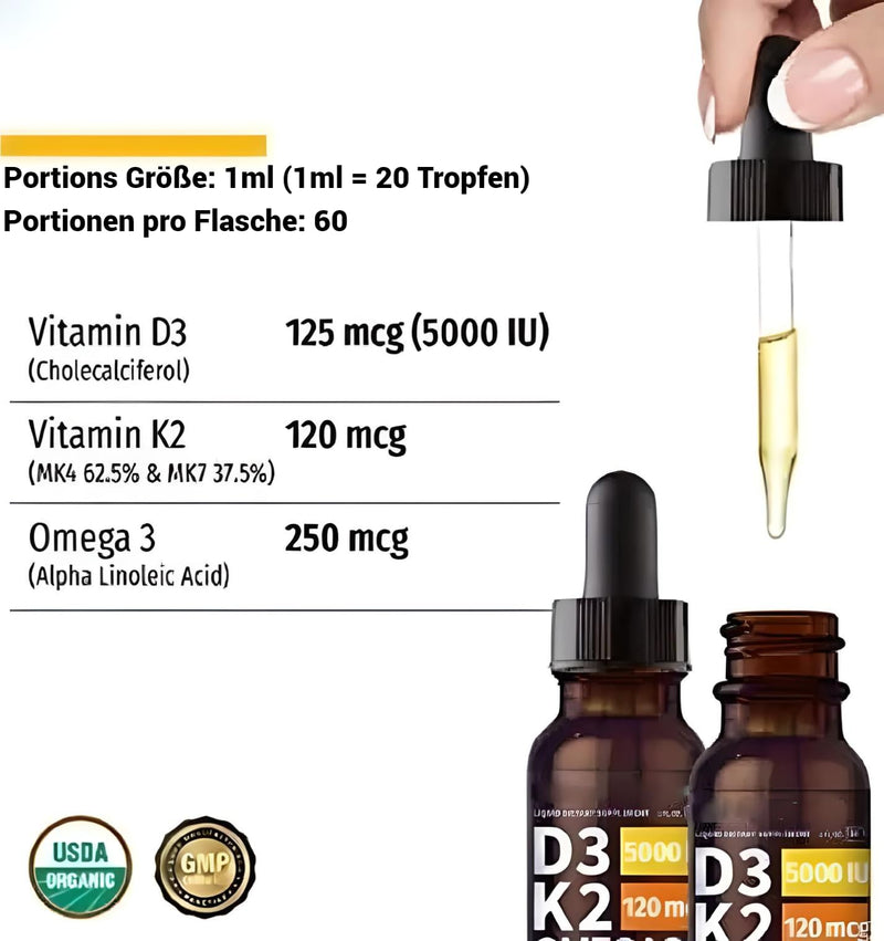 Vitamin D3 + K2 drops 60ml - Premium: 99.7+% All-Trans content - 100% natural content - High dosage - D3 125 mcg - K2 120 mcg - Omega 3 250 mcg - Premium quality - Laboratory tested - Made in Germany - NewNest Australia