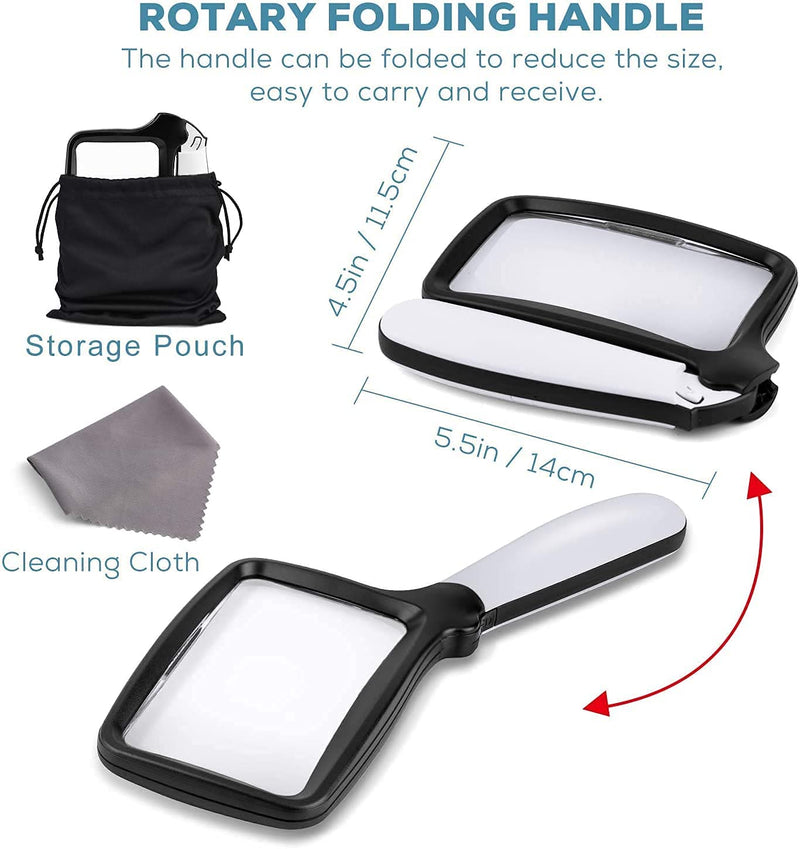 Folding Handheld Magnifying Glasses with Light, 3X Large Rectangle Reading Magnifier with Dimmable LED for Seniors with Macular Degeneration, Newspaper, Books, Small Print, for Low Visions - NewNest Australia
