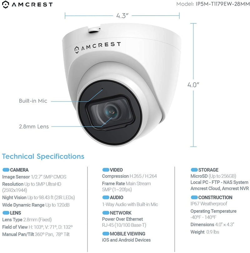 Amcrest 5MP UltraHD Outdoor Security IP Turret PoE Camera with Mic/Audio, 5-Megapixel, 98ft NightVision, 2.8mm Lens, IP67 Weatherproof, MicroSD Recording (256GB), White (IP5M-T1179EW-28MM) - NewNest Australia