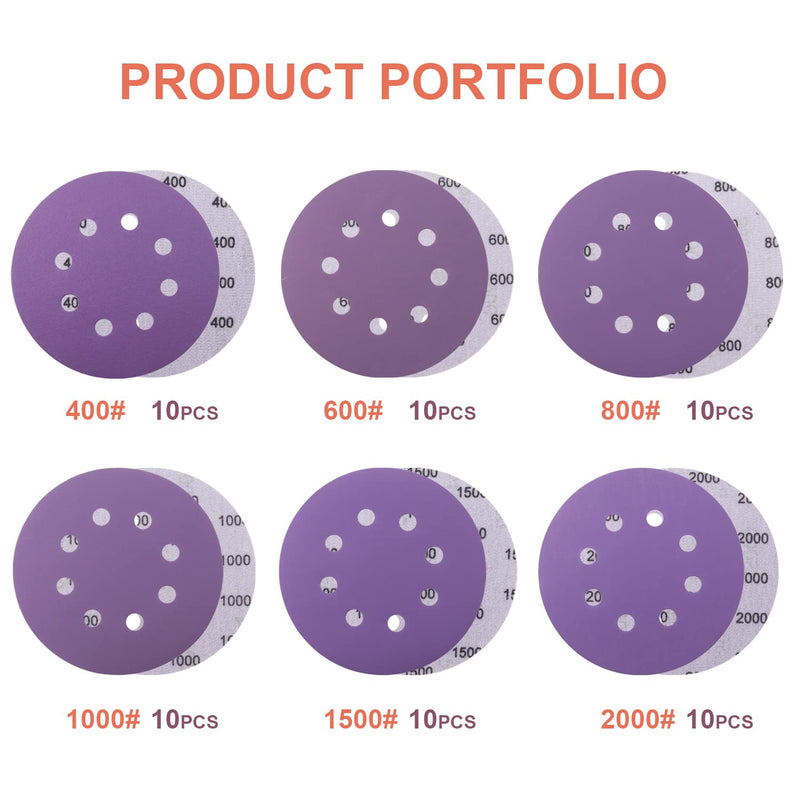 POLIWELL 60PCS 5 Inch Sanding Discs Hook and Loop 8 Hole Wet Dry, 400 600 800 1000 1500 2000 Grit Assorted Sandpaper with Interface pad, Purple Film Orbital Sander Sandpaper - NewNest Australia