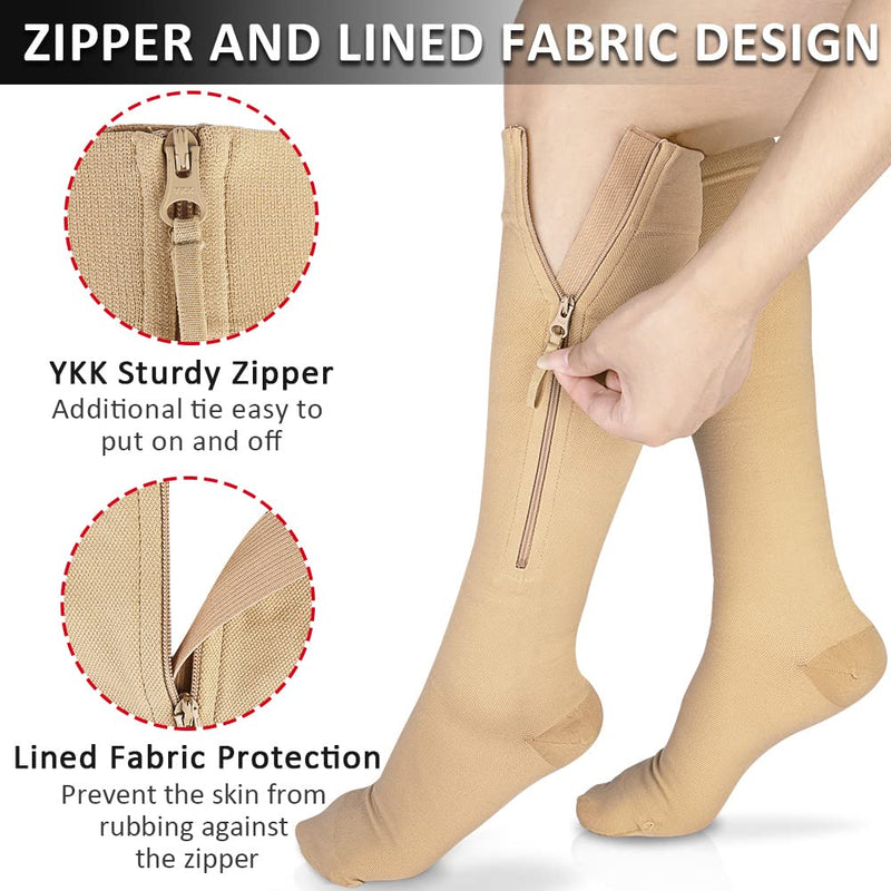 Ailaka Zipper Compression Socks Medical, 15-20 mmHg Knee High Compression Socks for Men Women, Close Toe Support Socks for Varicose Veins, Edema, Recovery, Pregnant, Nurse X-Large (1 Pair) Beige - NewNest Australia