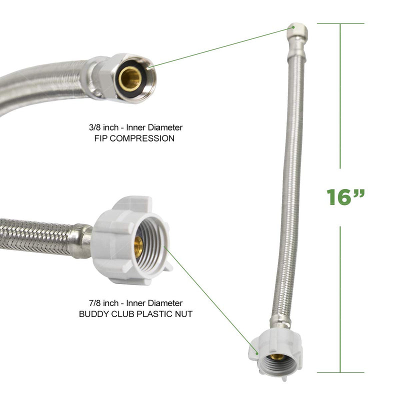 Highcraft CNCT27416-OM1 Hose Connects to Water, Braided Stainless Steel Supply Line, 3/8 Compression x 7/8 Female Balcock Nut Toilet Connector 16 Inch Single - NewNest Australia