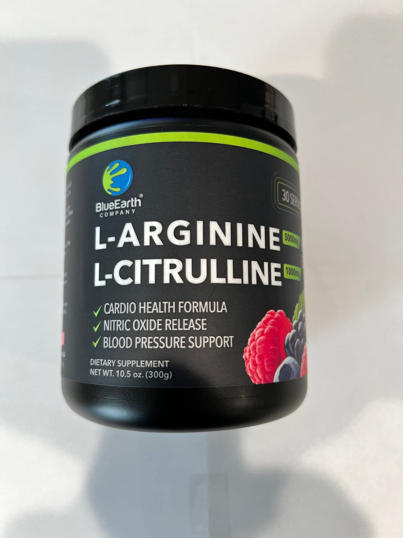 L-Arginine 5000mg + L-Citrulline 1000mg Complex Powder Supplement - Nitric Oxide Booster - Blood Pressure Support - Berry Flavored - 300g - BlueEarth Company - NewNest Australia