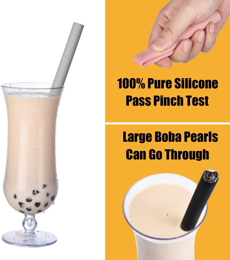 ALINK Reusable Silicone Boba Straws, Extra Large Bubble Tea Smoothie Straws for Tapioca Pearl, Pack of 4 with Cleaning Brush and Case - 10 in x 14 mm - Black, Gray, Green, Pink - NewNest Australia