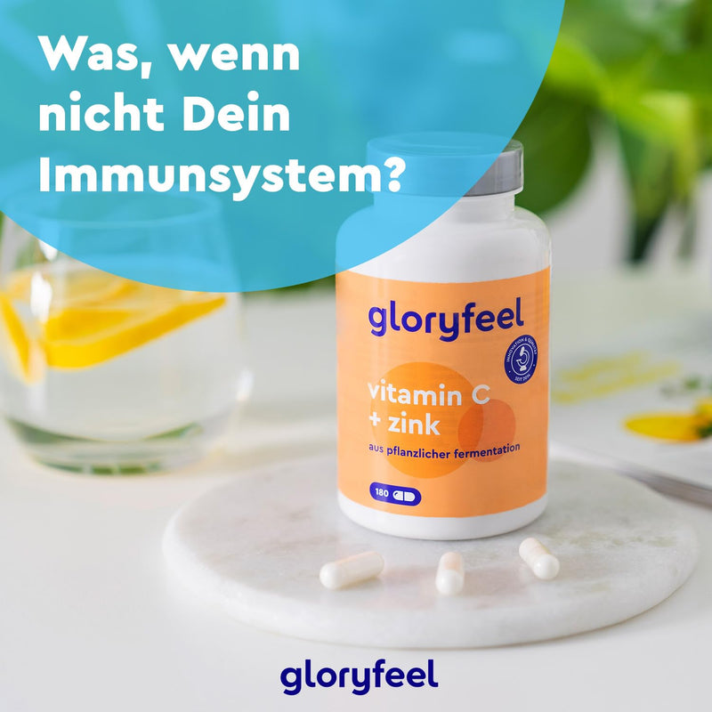 gloryfeel vitamin C and zinc tablets - 1,000 mg vitamin C from calcium L-ascorbate + 20 mg zinc citrate - 180 capsules - best combination for the immune system and protection against stress * - vegan immune complex - NewNest Australia