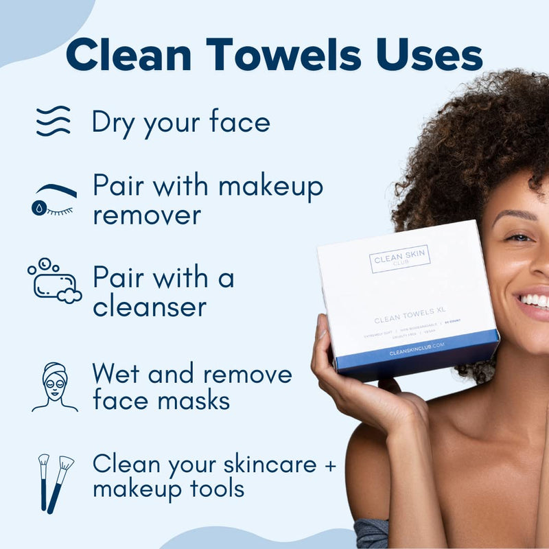 Clean Skin Club Clean Towels XL | World's 1ST Biodegradable Face Towel | Disposable Makeup Removing Wipes | Dermatology Tested & Approved | Cruelty Free | For Sensitive Skin (100 Count (Save 10%)) 100 Count (Save 10%) - NewNest Australia