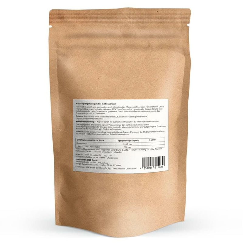 Resveratol from yeast fermentation - 60 capsules of 500 mg each - Premium Trans Resveratol - 100% yeast-free - high dosage & vegan - without genetic engineering - free of additives - NewNest Australia