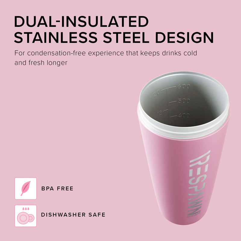 NewNest Australia - RESPAWN by Razer Vacuum-Insulated Stainless Steel Shaker Cup, 20oz: Built-In Powdered Drink Mixer Grate - Dual Insulation - Dishwasher Safe - BPA Free - Pink 