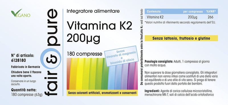 Fair & Pure® - Vitamin K2 200mcg - natural menaquinone MK-7 - vegan - 180 tablets - bulk pack for 6 months - NewNest Australia