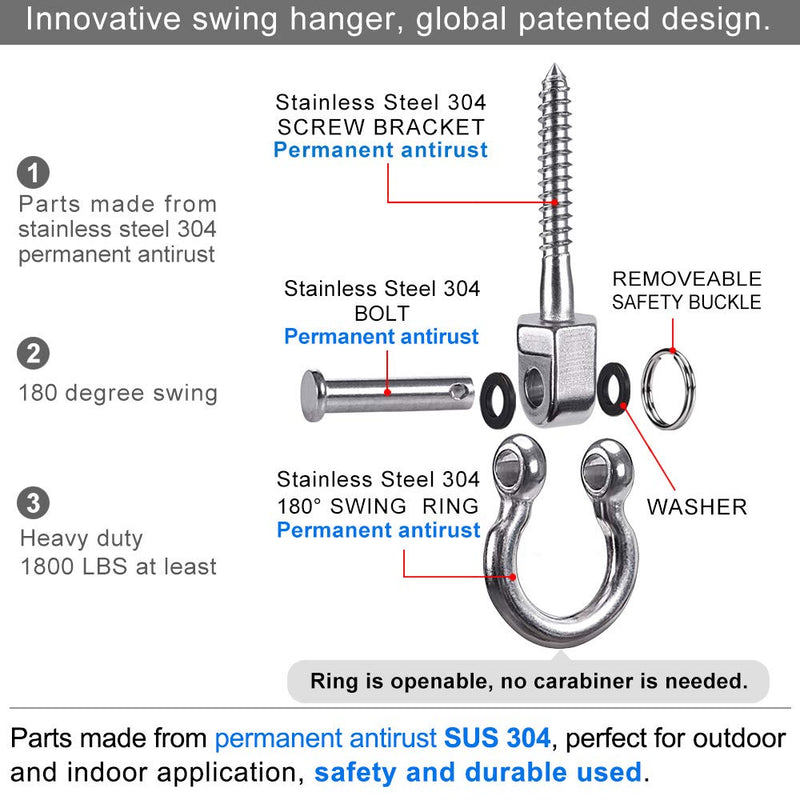 BeneLabel Set of 2 Permanent Antirust Stainless Steel 304 Screw Bracket Heavy Duty Swing Hanger 1800LB Capacity, Indoor Outdoor Playground Yoga Hammock Chair Sandbag Punching Bag, Hardware Swing Sets - NewNest Australia