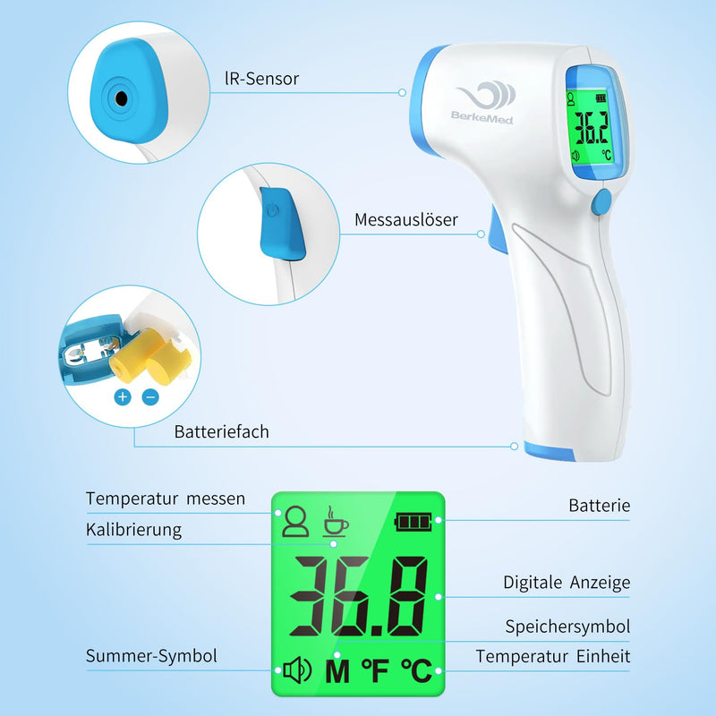 BerkeMed fever thermometer, contactless, infrared forehead thermometer, fever thermometer baby, for babies, children and adults, digital thermometer fever, immediate accurate readings, LCD display, white_blue - NewNest Australia