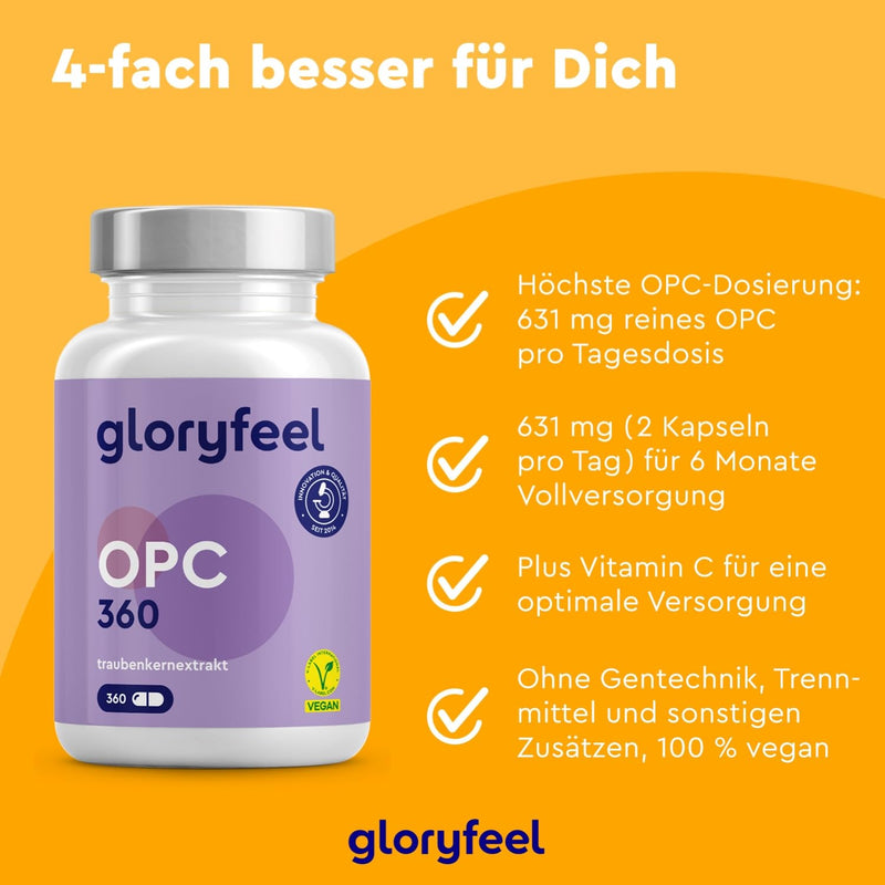 OPC Grape Seed Extract 360 capsules - 1052mg extract + vitamin C per daily dose - Made from original French grapes - 6 month pack - Laboratory tested, Vegan made in Germany - NewNest Australia