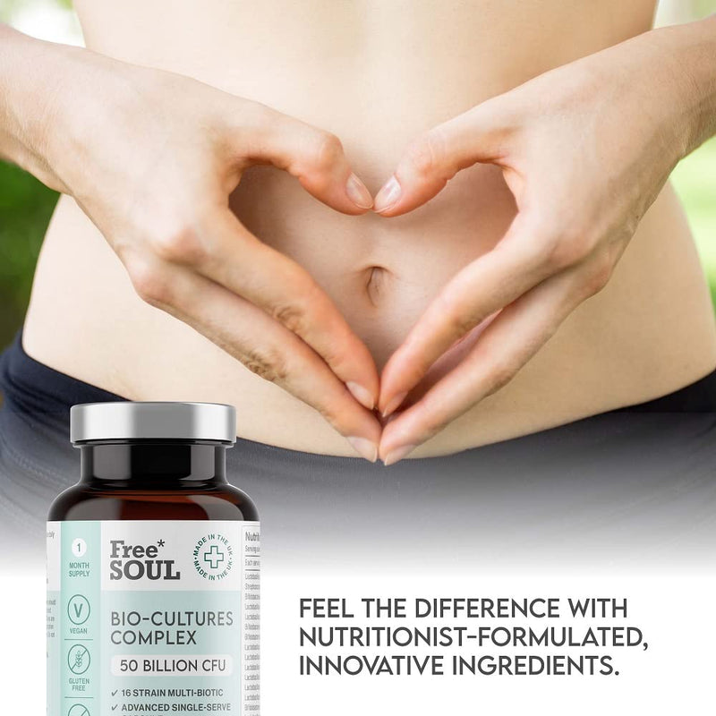 Super Strength 50 Billion CFU Advanced Pro Bio Cultures Complex with 16 Live Strains | Advanced Single Capsule Serving | Multi Strain Formula | Vegan Digestive Enzyme Supplement | UK Made - Free Soul - NewNest Australia