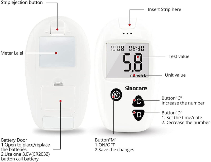 sinocare Diabetes Testing Kit / Blood Glucose Monitor Safe Accu Blood Glucose Sugar Test Kit with Strips x 100 & Lancing Devices x 100 & Case for UK Diabetics -in mmol/L Safe Accu Glucometer x 100 strips - NewNest Australia