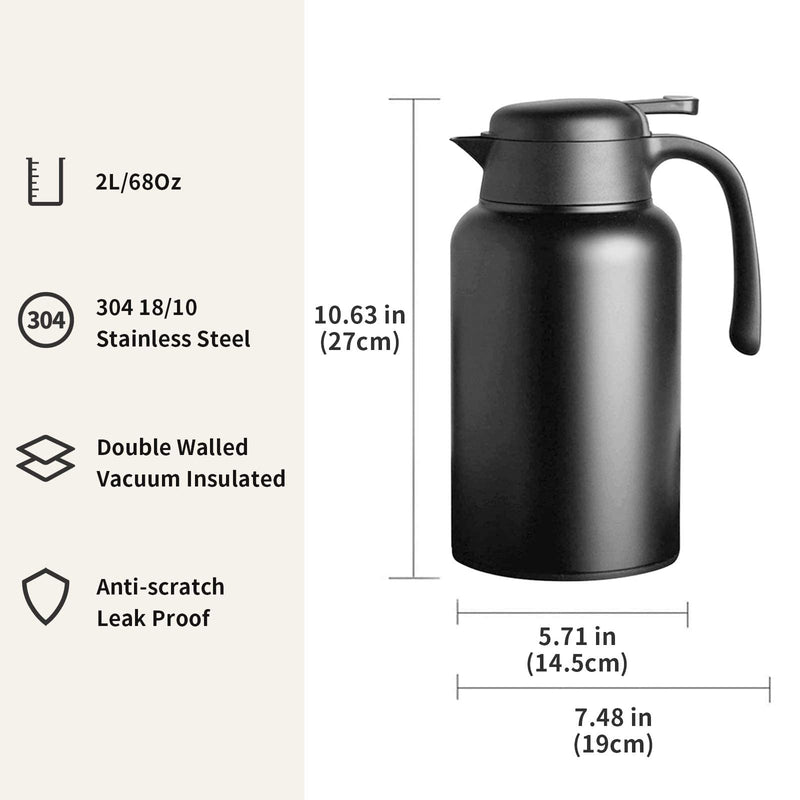 Luvan 2.0 Litre 304 18/10 Stainless Steel Thermal Carafe/Double Walled Vacuum Insulated Coffee Pot with Press Button Top,12+ Hrs Heat&24+ Hrs Cold Retention,BPA Free,for Coffee,Tea,Beverage (Black) Black - NewNest Australia