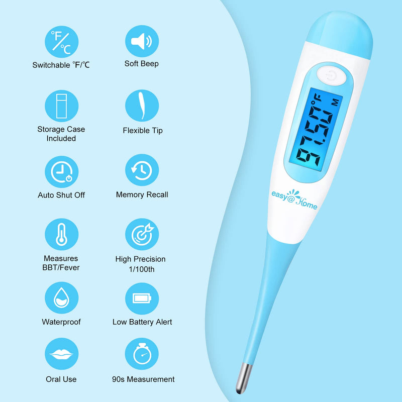 Easy@Home Digital Basal Thermometer with Blue Backlight LCD Display, 1/100th Degree High Precision and Memory Recall, NOT Bluetooth Enabled, Upgraded EBT-100B(Blue) - NewNest Australia