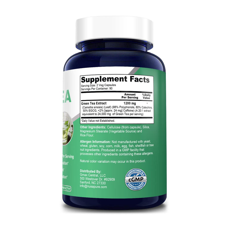 Green Tea Extract 98% 1200mg with EGCG 180 Vegan Capsules (Non-GMO & Gluten Free) Extract 20:1 Equivalent to 24000mg Green Tea Per Serving - Max Potency - NewNest Australia