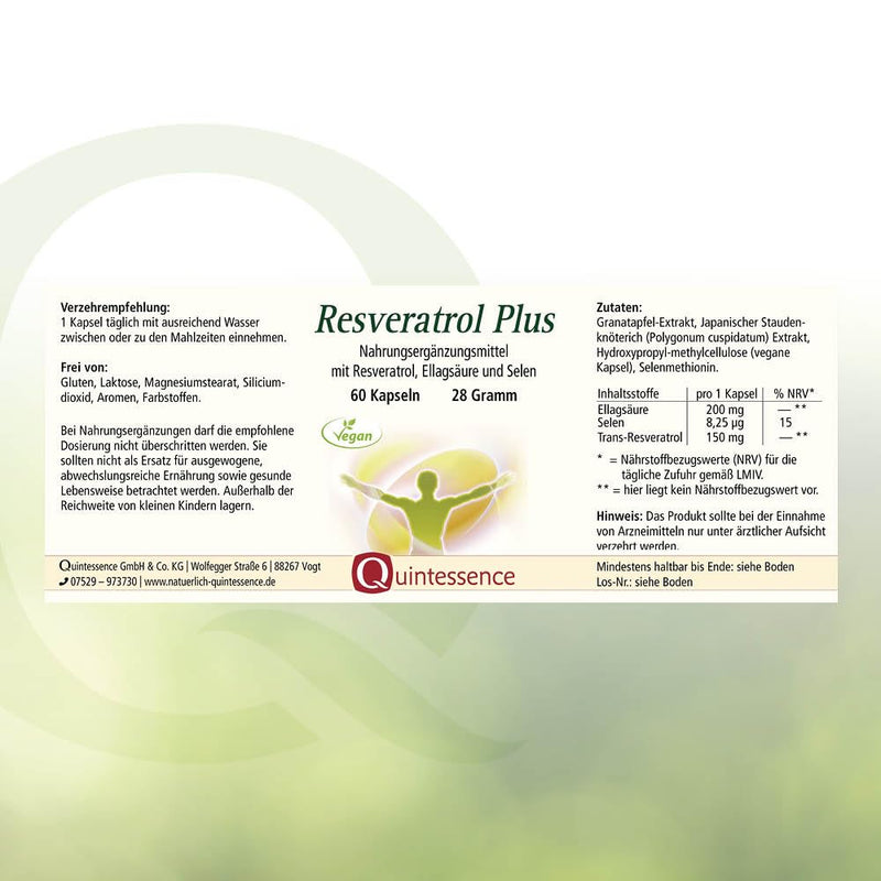 Quintessence Resveratrol Plus 60 capsules - With selenium & pomegranate extract - 150 mg trans-resveratrol per capsule/daily dose - 100% pure quality - Vegan - Produced in Austria - NewNest Australia