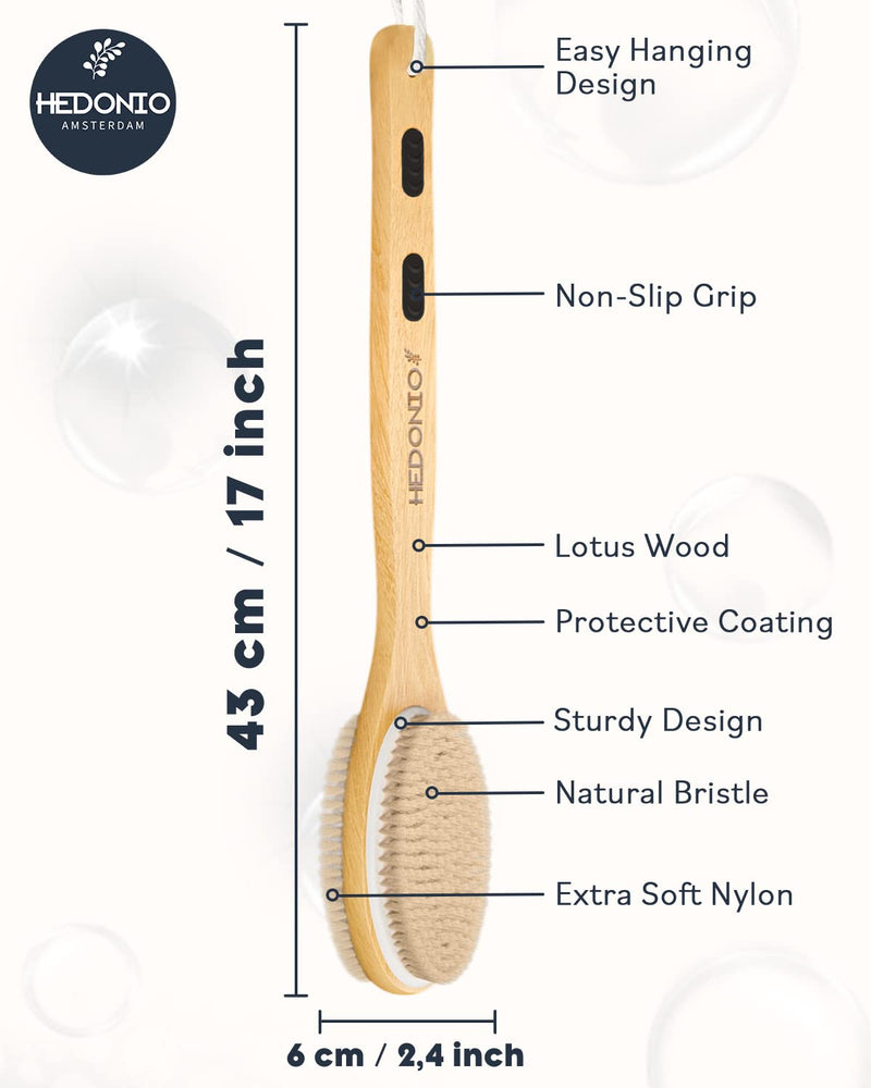 Hedonio Body Brush Long Handle, Back Scrubber for Bath and Shower Exfoliating Skin, Double-Sided, Body Scrub Brush, Dry Brush and Wet in Bath, Massage, Natural Stiff Bristle, Soft Wood Black - NewNest Australia
