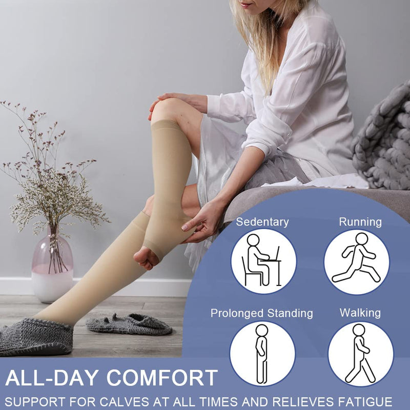 Beister Medical Open Toe Knee High Calf Compression Socks for Women & Men, Firm 20-30 mmHg Graduated Support Hosiery for Varicose Veins, Edema, Flight, Pregnancy （A Pair） Beige XL - NewNest Australia