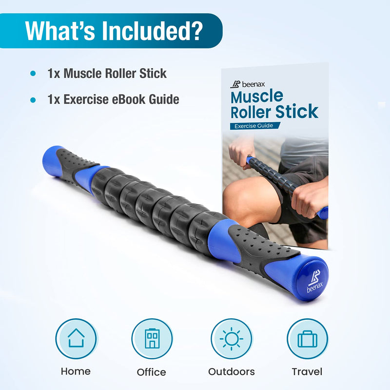Beenax Muscle Therapy Massage Stick, 360° Tension Reduction - Ridged Gears for Trigger Points, Deep Tissue, Myofascial Release, Leg, Quads & Calf Tightness - Relieve Soreness, Cramps and Pain Blue - NewNest Australia